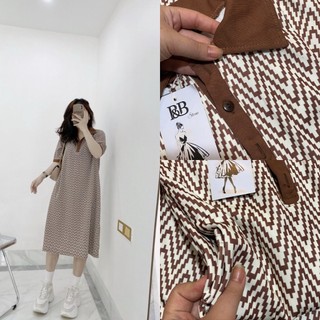 Đầm polo dáng dài tay lỡ chất thun dày dặn co dãn hoạ tiết ziczac cổ nâu form rộng thời trang