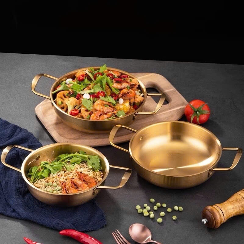 Nồi Nấu Mì Cay INOX Mạ Vàng, Chảo Đáy Sâu Chống Dính Làm Nồi Lẩu, Xào Nướng Tại Bàn, Dùng Được Bếp Gas, Bếp Điện, Bếp Từ