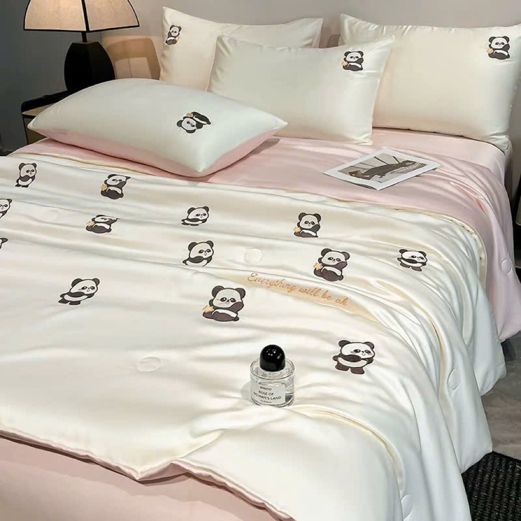 Bộ chăn ga phi lụa chăn trần bông hình mặt gấu đáng yêu,sét phị lụa thái mềm mịn mát
