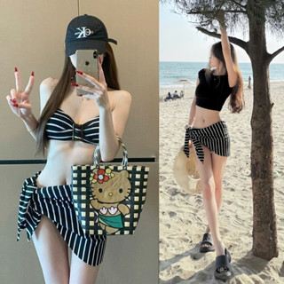 [video thật] FULL SET 4 MẢNH BIKINI SỌC + VÁY QUẤN + ÁO CHE NẮNG 🖤