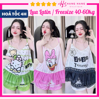 Đồ ngủ nữ 40-60kg, đồ ngủ 2 dây cổ tim vạt bèo voan quần đùi lụa latin mịn mát 60CS42, đồ bộ nữ đồ mặc nhà dễ thương