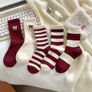  Tất Nữ Cổ Cao Nơ Đỏ Trắng Kẻ Ngang Cotton Dày Dặn Bắp Chân Thời Trang TRANGBIHUE 