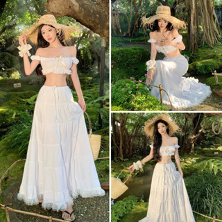 [CÓ MÚT/ SẴN] Set Váy Đi Biển, Áo Croptop Trễ Vai Đính Nơ Mix Chân Váy Maxi Phối Viền Ren Siêu Xinh