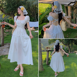 [Tặng Khăn - Sẵn] Váy Maxi Hở Lưng Đan Dây Chéo Đính Nơ Ngực Dáng Xòe Dài Mặc Đi Biển, Du Lịch