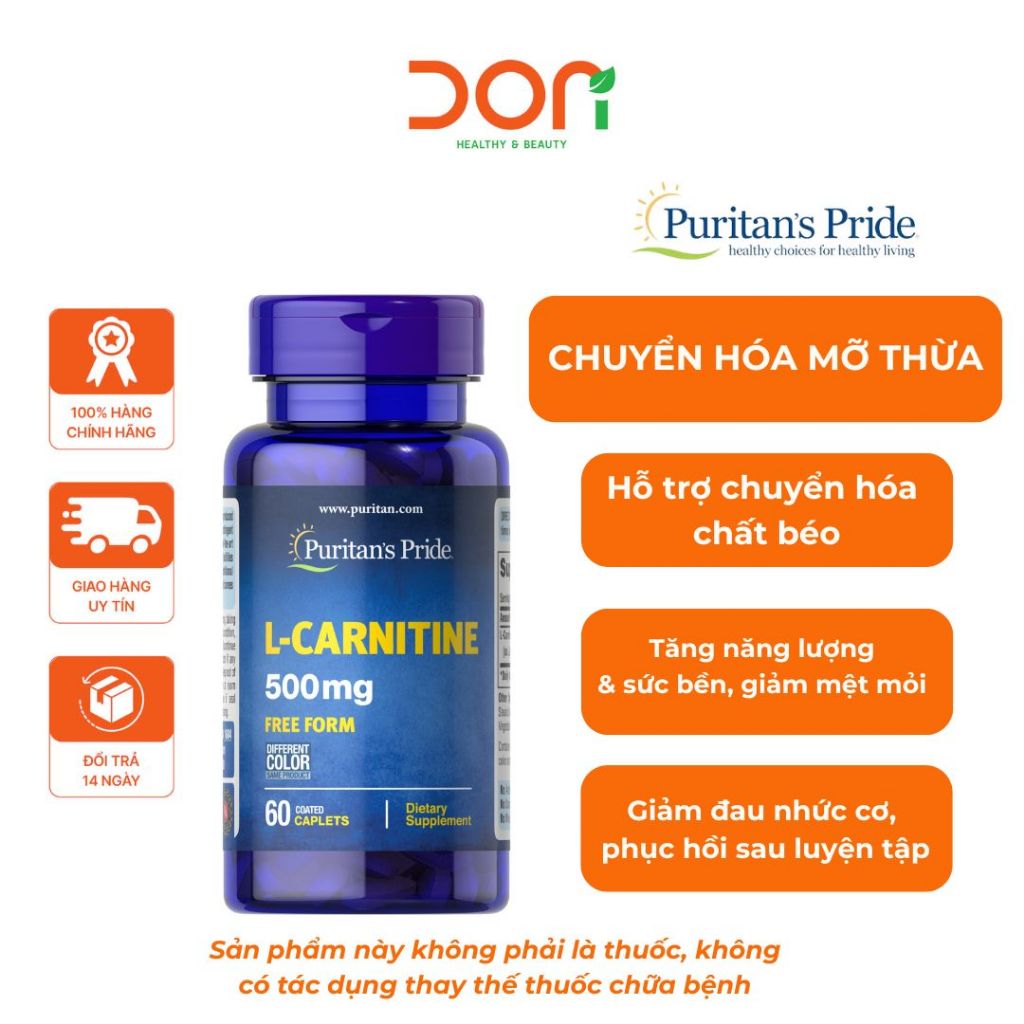 Viên Uống Hỗ Trợ Chuyển Hóa Mỡ Thừa, Tăng Cường Năng Lượng Puritan's Pride L-Carnitine 500mg