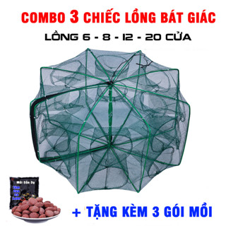 3 Chiếc Lồng Bát Giác 6,8,12,16,20 Cửa + Tặng Mồi Dụ tôm,cua,cá