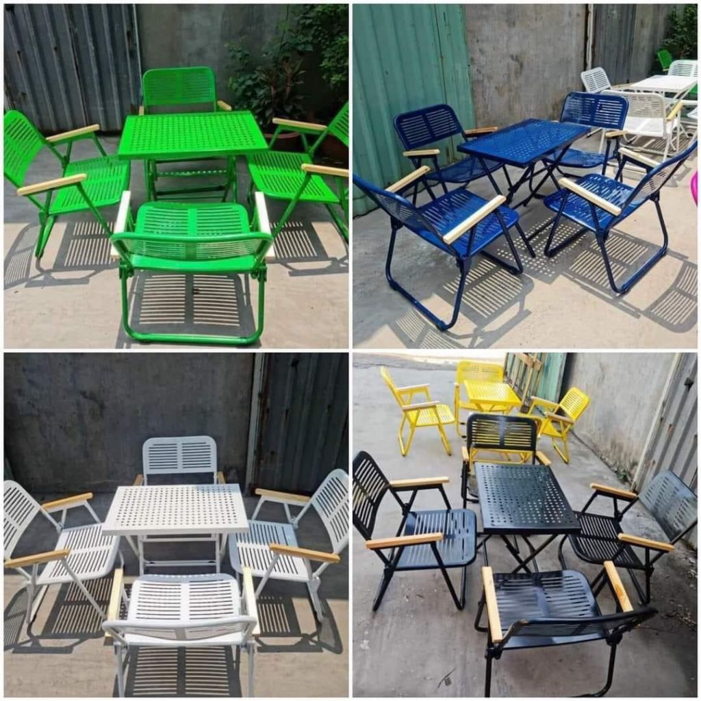 [FREESHIP] BÀN GHẾ CAFE CNC KHUNG SẮT BẢN RỘNG XẾP GỌN, TIẾT KIỆM KHÔNG GIAN,  CÓ TAY GỖ VỊN
