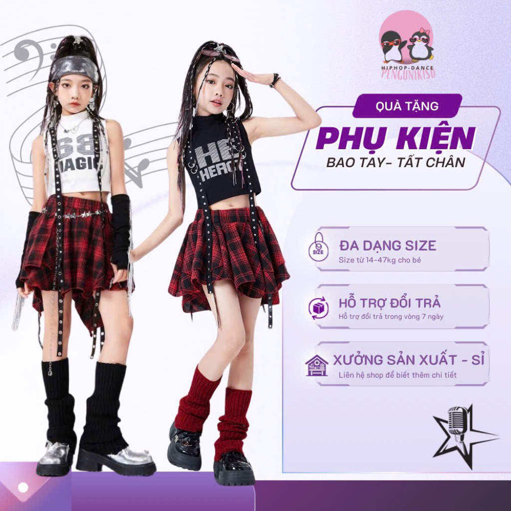 Bộ váy nhảy hiện đại hiphop cho bé gái, set váy kẻ caro nhảy biểu diễn zumba cho bé 15-42kg