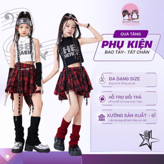 Bộ váy nhảy hiện đại hiphop cho bé gái, set váy kẻ caro nhảy biểu diễn zumba cho bé 15-42kg