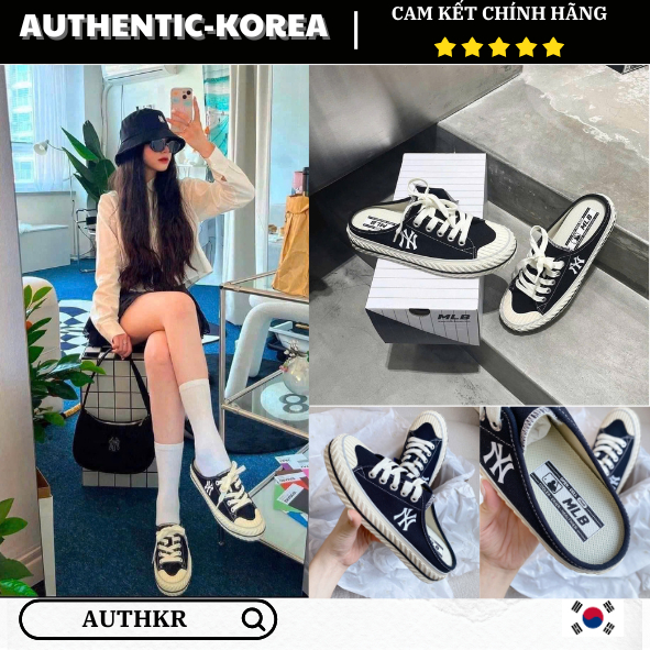 [Auth] Giày MLB Mule Basic Đen Unisex, Phong Cách Hàn, Mang Êm Chân, Dễ Phối Đồ