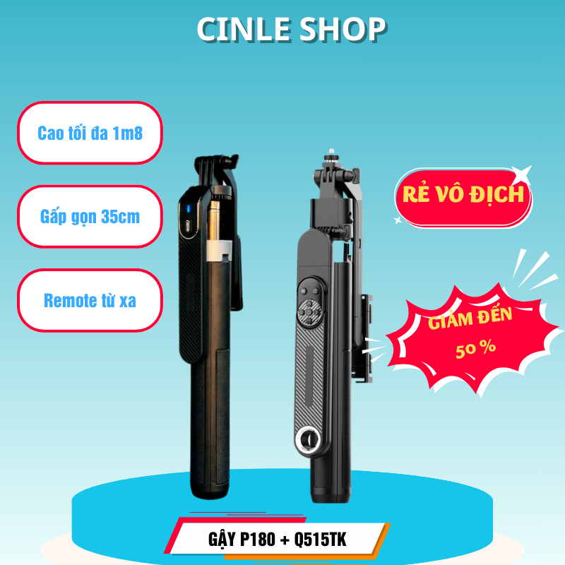 Gậy chụp hình P180 + Q515TK có remote – Gậy tự sướng tối đa năng cao 1m8, gấp gọn 35cm,chụp ảnh bằng