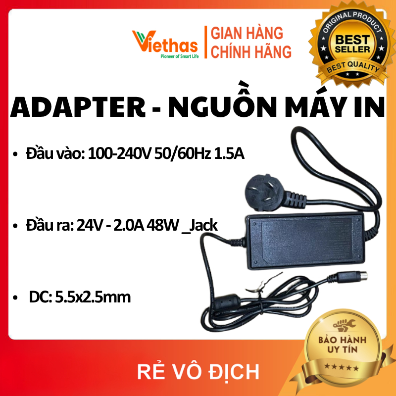 Adapter - Nguồn máy in nhiệt, in hóa đơn, in tem 24V - 2A Jack tròn 3 chân - Bộ nguồn dây liền dài 120cm