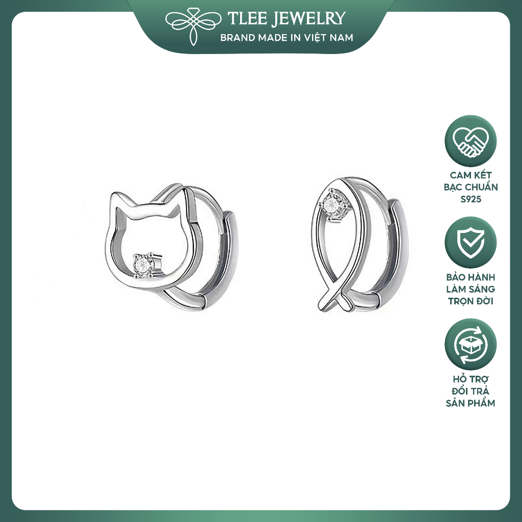 Khuyên tai bạc nữ TLEE tròn bấm cá mèo s925 cao cấp dễ thương, sang trọng TLEE JEWELRY B0572