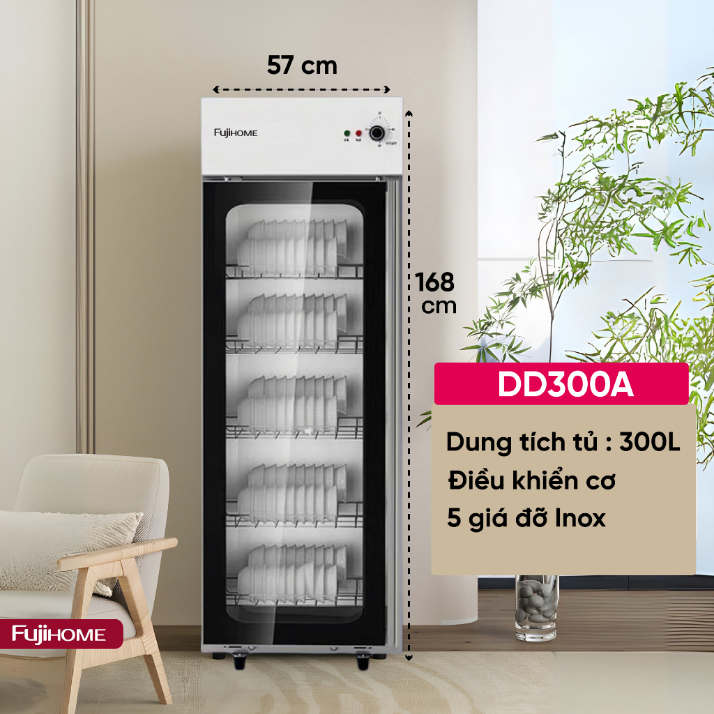 Tủ sấy chén bát dung tích lớn 300L khử trùng kép UV Ozone Fujihome DD300A,Tủ sấy bát đũa thìa 2 chế độ sấy khô khử trùng