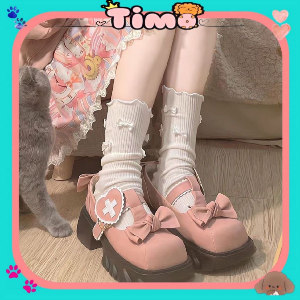 Tất Lolita Xinh Tiểu Thư Đính Nơ Nhỏ Cổ Cao Màu Đen Trắng Cho Nữ Timo T83