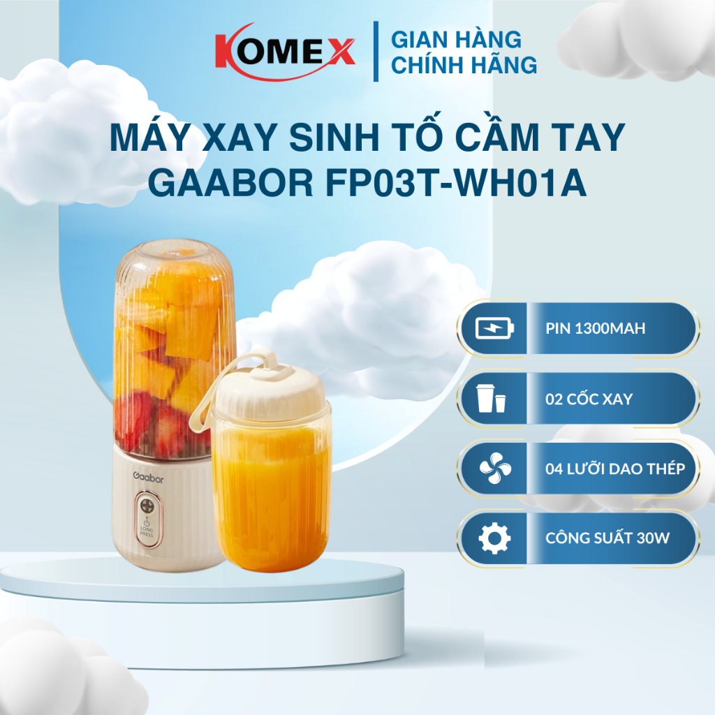 Máy Xay Sinh Tố Cầm Tay Gaabor FP03T-WH01A 350ml Kèm Ly Đựng 280ml Pin Sạc Cổng USB Nhỏ Gọn