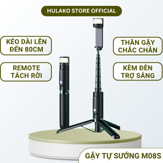 Gậy Tự Sướng M08S Kèm Remote Bluetooth HULAKO - Gậy Chụp Hình Tripod Kéo Dài 80cm Có Đèn Trợ Sáng, Gấp Gọn Hàng Cao Cấp
