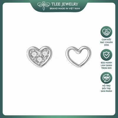 Khuyên tai bạc nữ TLEE hình trái tim nhỏ bất đối xứng dễ thương, thanh lịch TLEE JEWELRY B0588