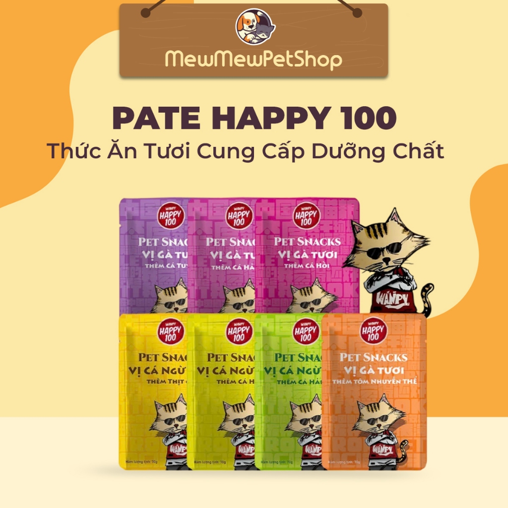 Pate mèo Wanpy Happy 100 , Pate cho mèo Tiếng Việt gói 70g cung cấp dinh dưỡng toàn diện cho mèo