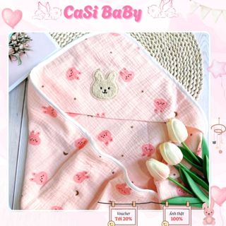 Chăn Choàng Ủ THÊU TÊN Xô Muslin 4 Lớp Có Mũ Siêu Thoáng Mát Mềm Mịn Cho Bé Sơ Sinh CaSi BaBy