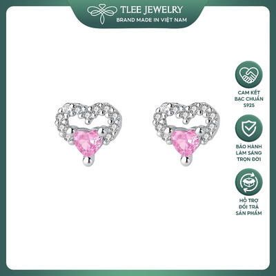 Bông tai bạc nữ TLEE s925 hình tai gấu nạm đá mix trái tim đá hồng ngọt ngào, dễ thương TLEE JEWELRY B0591