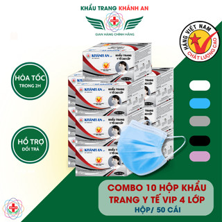 Combo 10 hộp khẩu trang y tế 4 lớp Khánh An VIP chính hãng kháng khuẩn cao cấp chống bụi mịn hộp 50 cái