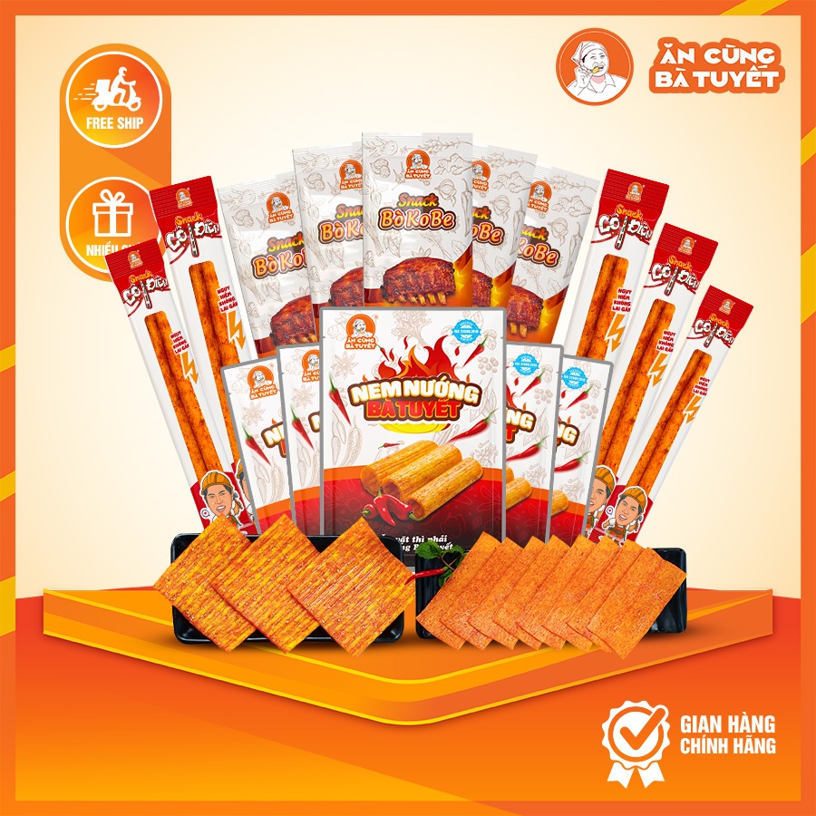 Combo: KIẾM BỘ TÁM gồm: 5 Snack cột điện + 5 Snack Bò Kobe + 5 Nem Nướng - ĂN CÙNG BÀ TUYẾT M6