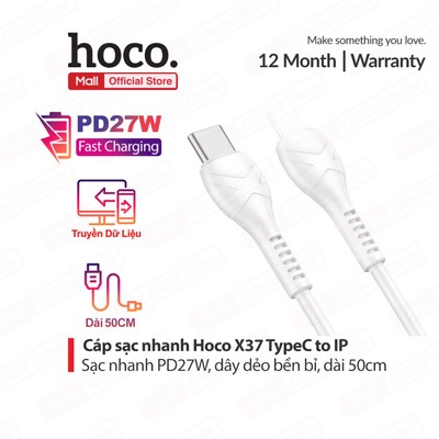 Cáp sạc nhanh Hoco X37 PD27W Type-C to IP dài 50cm hỗ trợ Truyền Dữ Liệu, Dây TPE Siêu Bền cho IP6/7/8/10/11/12/13/14