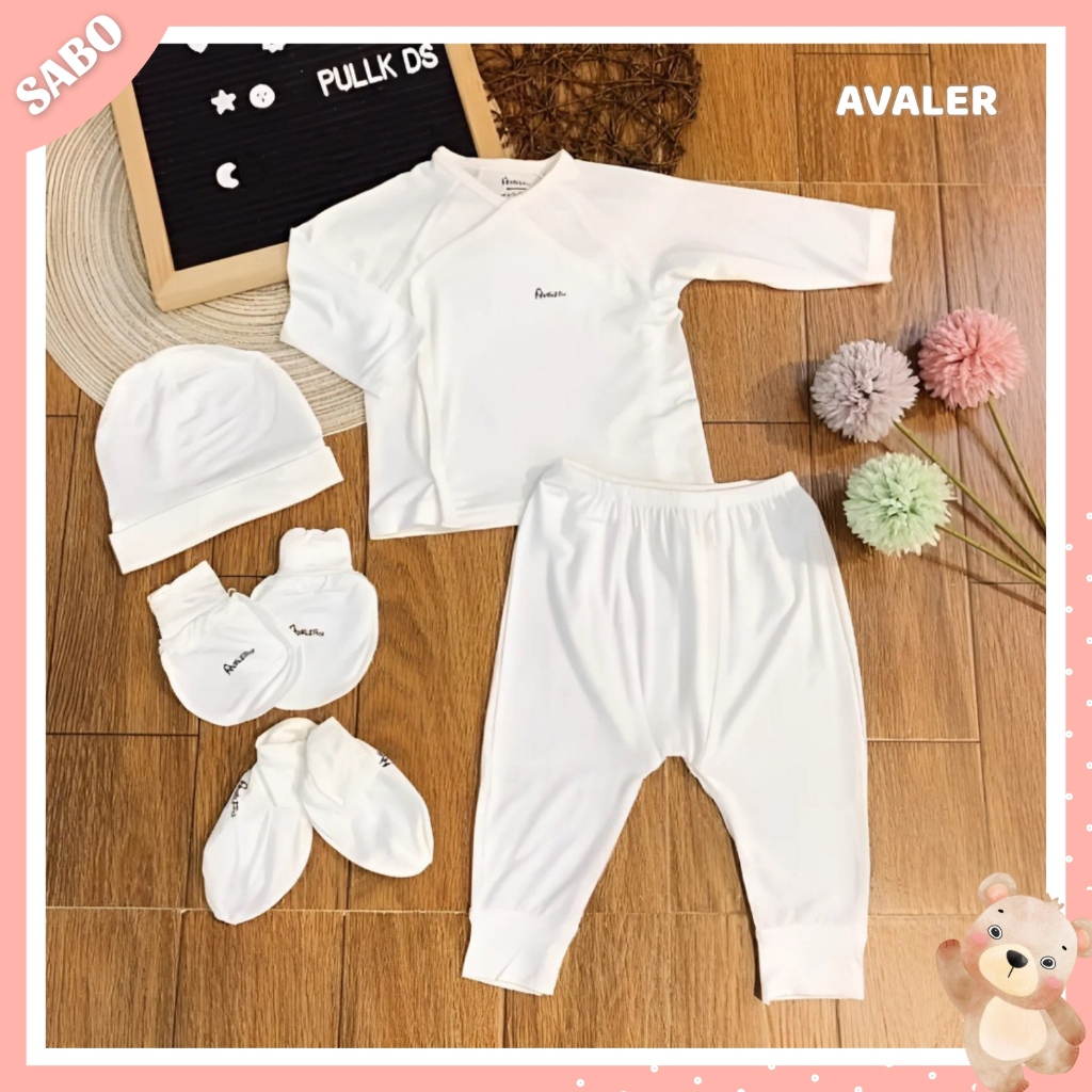 Set Sơ Sinh Cài Lệch Kèm Mũ Bao Tay Chân 5CT AVALER Vải Sợi Tre Cao Cấp  Màu Trắng Và Nhiều Màu Mềm 