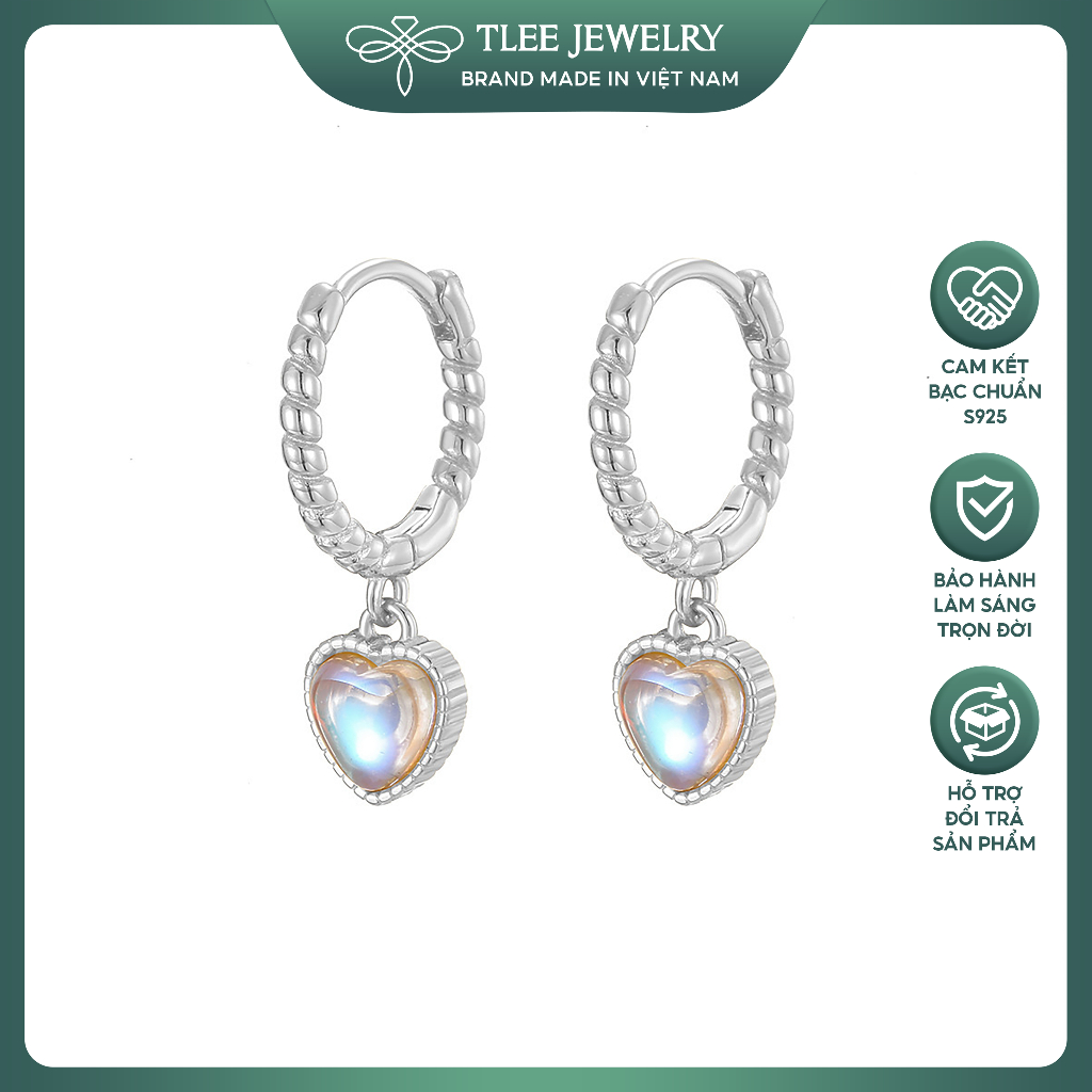 Bông tai bạc nữ TLEE s925 tròn bấm viền xoắn treo tua trái tim moonstone sang trọng, thanh lịch TLEE JEWELRY B0606