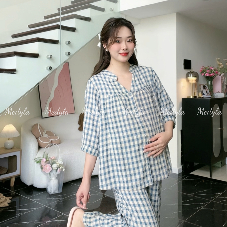 Bộ Đồ Bầu Dài Cổ Tàu MEDYLA Mặc Nhà Và Sau Sinh Chất Liệu Caro Labee Cao Cấp Mềm Mát- MED025