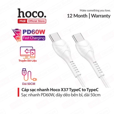 Cáp sạc nhanh Hoco X37 Type-C to Type-C dài 50cm – Sạc Nhanh PD60W, Dây Ngắn Gọn,Chất Liệu Bền Bỉ dùng cho Android/15/16