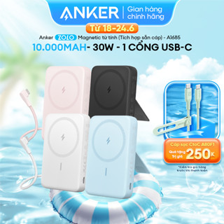 [chỉ giao TPHCM] Sạc dự phòng Anker Zolo 10K mAh từ tính/ kh dây chuẩn Qi, tối đa 30W-1cổng USB-C (tích hợp cáp)- A1685