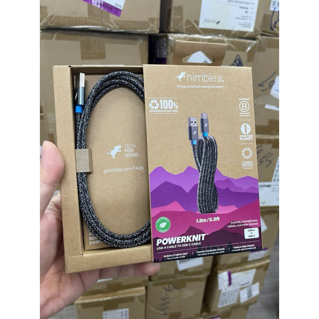 🔌 DÂY SẠC CAO CẤP NIMBLE POWERKNIT – USB-A to USB-C (1.8m / 5.9ft) 🇺🇸 Thương hiệu Mỹ – Thân thiện vớ