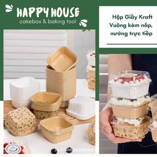 100 Hộp Giấy Kraft Vuông kèm nắp trong đựng bánh tart, bánh kem - Cup giấy nướng trực tiếp trong lò nhỏ xinh