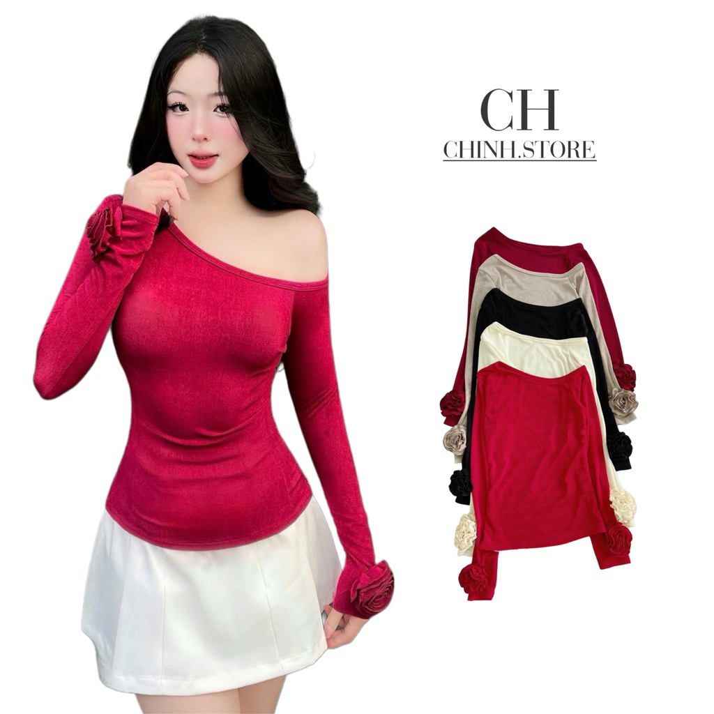 A81- Áo thun lệch vai tay dài nữ phom ôm tay đính hoa chất thun nhũ nhún kim, áo lệch vai nữ