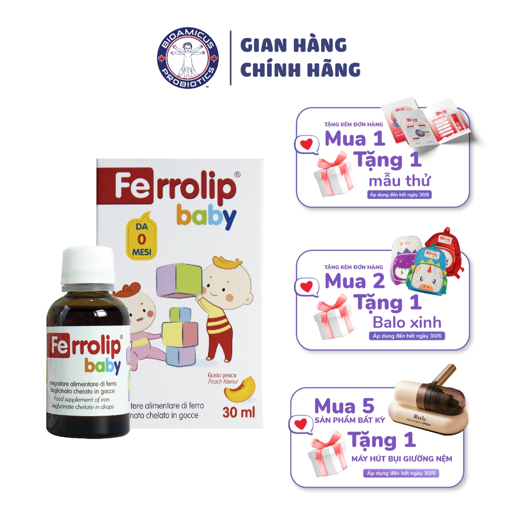 Sắt Ferrolip Baby dạng siro vị đào thơm ngon 30ml Tặng Sample Ferrolip Kids Kèm Đơn Hàng