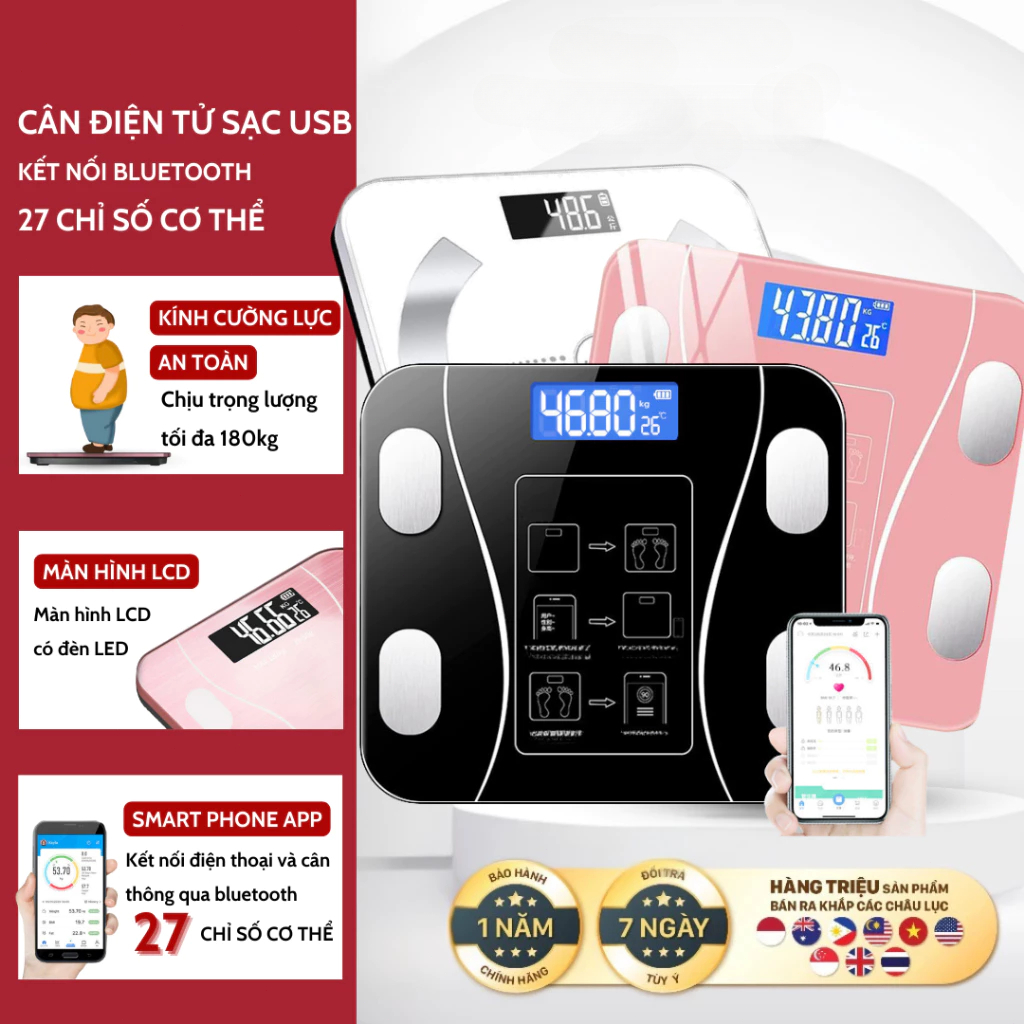 Cân Điện Tử Sạc USB&Pin METIS Kết Nối Bluetooth Phân Tích Chỉ Số Cơ Thể Trọng Lượng Tối Đa 180kg Cân điện Tử để Giảm Cân