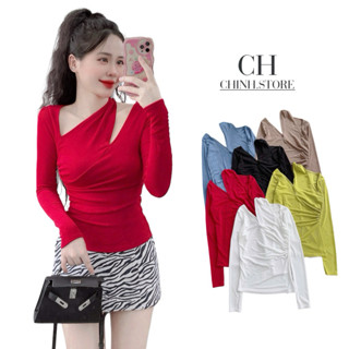 A74- Áo kiểu nữ xẻ vai tay dài thun nhũ phom ôm