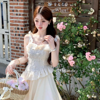 Set áo hai dây tơ hoa kèm chân váy xòe dáng dài phong cách tiểu thư Hàn Quốc 24FebStudio SET78