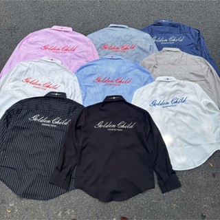 Áo sơ mi tay dài Oxford hình thêu GOLDEN CHILD tà vạt bầu form rộng nam nữ basic striped shirt hàn quốc