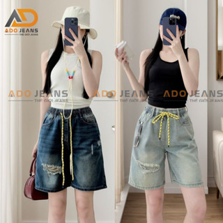 Quần short Jean nữ lưng chun dây rút phối màu , lưng thun co giãn rách 1 bên đùi cá tinh ADO JEANS (Dây rút SJ444)