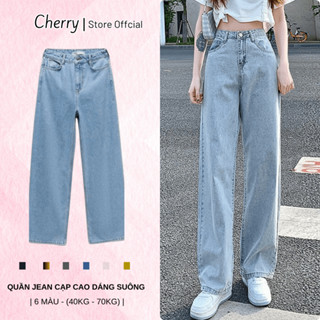Quần Bò CHERRY Ống Rộng Nữ Cạp Cao Quần Jeans Dáng Suông Vải Bò Dày Đẹp Không Giãn T008