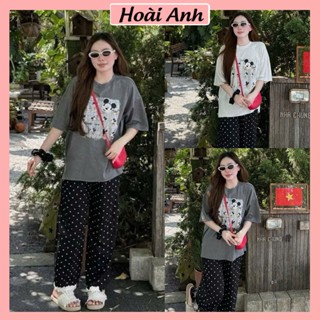 Set Bộ Đồ Nữ Áo Phông In Nhiều Mickey Kèm Dây Chun Tóc Mix Quần Thô Đũi Chấm Bi Ống Rộng Viền Gấu Ren Freesize