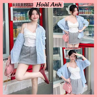 Set Bộ Đồ Nữ 3 Món Áo Sơ MI Kẻ Caro Xanh Dương Túi Ngực Kèm Áo 2 Dây Phối Viền Ren Mix Chân Váy Chữ A