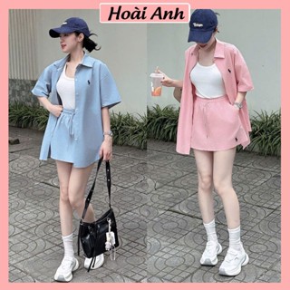 Set Bộ Đồ Nữ 3 Món Áo Sơ Mi Trơn Ngắn Tay Thêu NGựa Kèm Áo Ba Lỗ TRắng Mix Chân Váy Chữ A Freesize