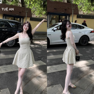 Váy hai dây cổ vuông chấm bi kiểu ngắn chữ A thắt eo cao Loại Đẹp Q.C [MÃ TA303]