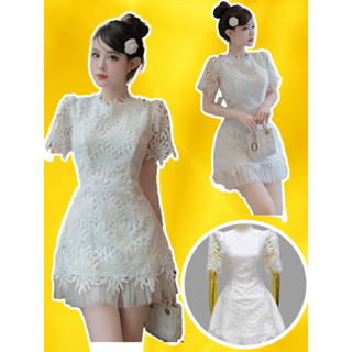 Đầm Váy trắng công chúa tiểu thư ren hoa viền lưới cổ tròn tay ngắn xoè A ôm body sang chảnh dự tiệc cưới cao cấp QUIN