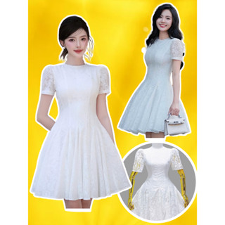 Đầm váy trắng dự tiệc ren hoa cổ tròn tay ngắn xòe xếp ly 45-65KG bigsize cổ tròn sang trọng dự tiệc cưới cao cấp MEA