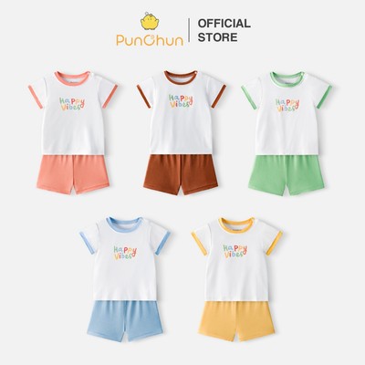 [PUNCHUN 3M-5Y] Bộ quần áo cộc Happy Vibes cho bé trai, bé gái
